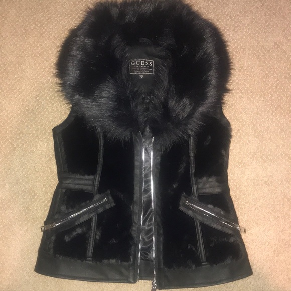 GUESS BNWT Black Faux Fur Silk Lined Vest - Picture 4 of 4